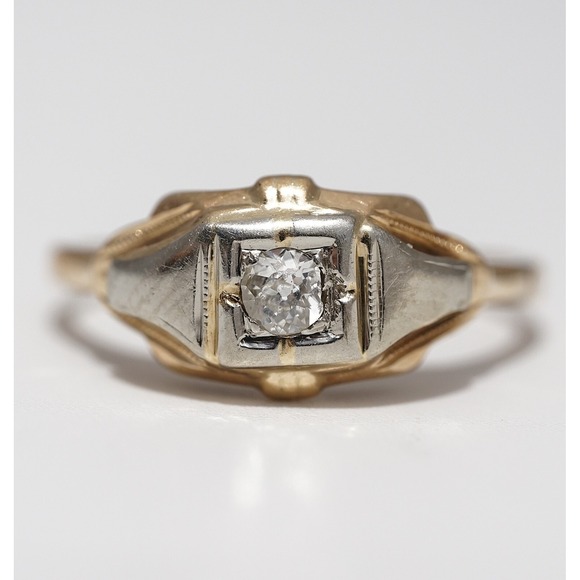 Antique 14k Solid Yellow White Gold Engraved Natural Old Mine Cut Diamond Ring - Picture 9 of 12